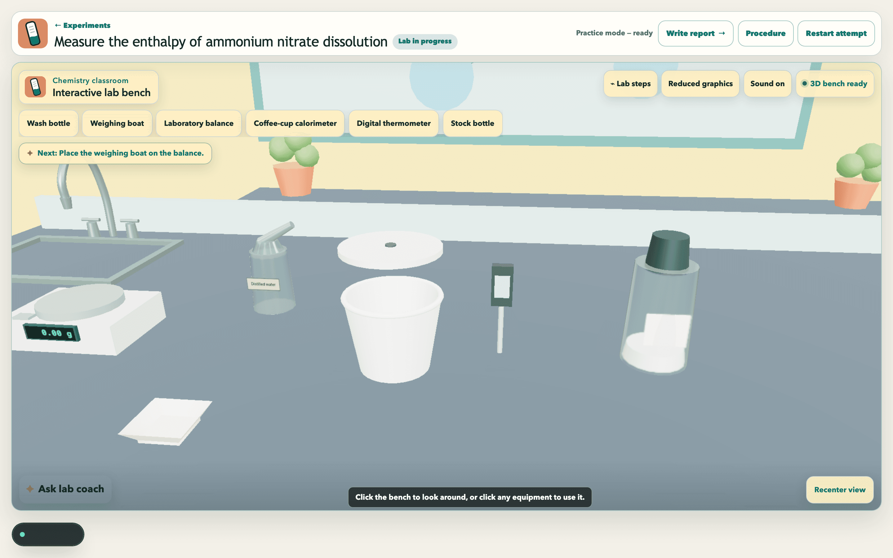 The calorimetry bench: a laboratory balance reading 0.00 g, a weighing boat, a coffee-cup calorimeter, a digital thermometer, and a stock bottle, with the next step reading 'Place the weighing boat on the balance'.