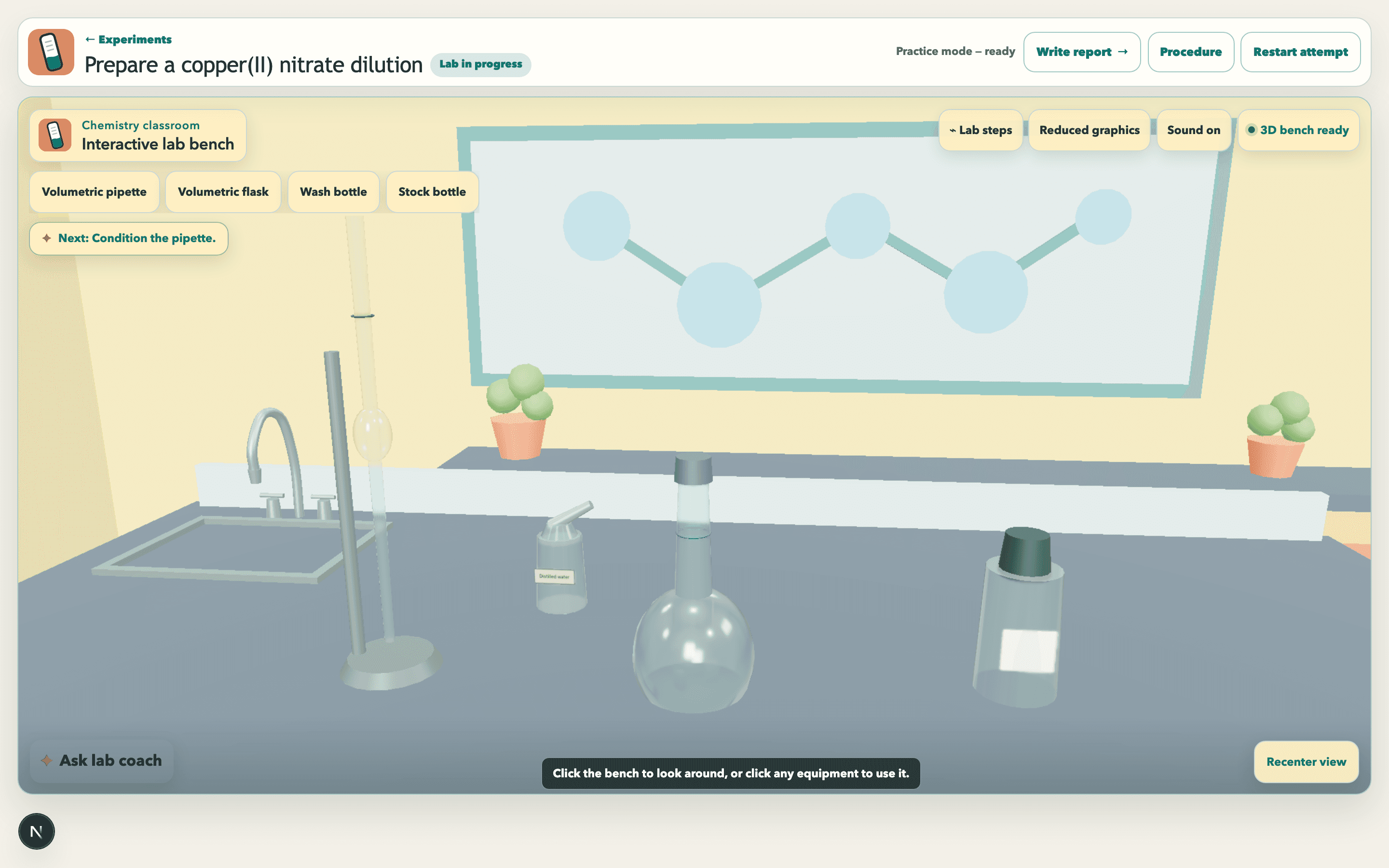 The solution preparation bench: a volumetric pipette on a stand, a volumetric flask, a wash bottle, and a stock bottle, with the next step reading 'Condition the pipette'.