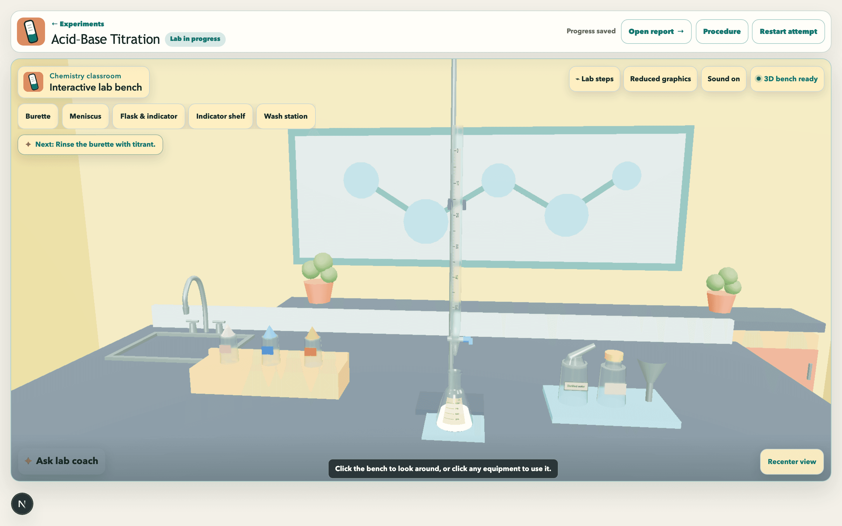 The Litmus 3D bench mid-titration: a burette clamped above a conical flask, an indicator shelf, and a wash station, with the next step reading 'Rinse the burette with titrant'.