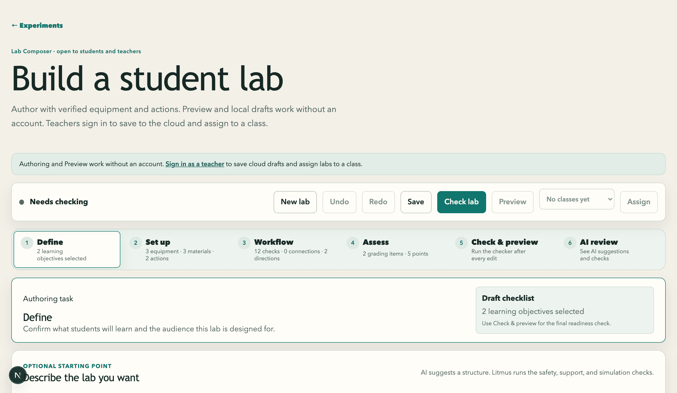Lab Composer showing the six authoring stages — Define, Set up, Workflow, Assess, Check and preview, and AI review — above a draft checklist and the lab's authoring task.