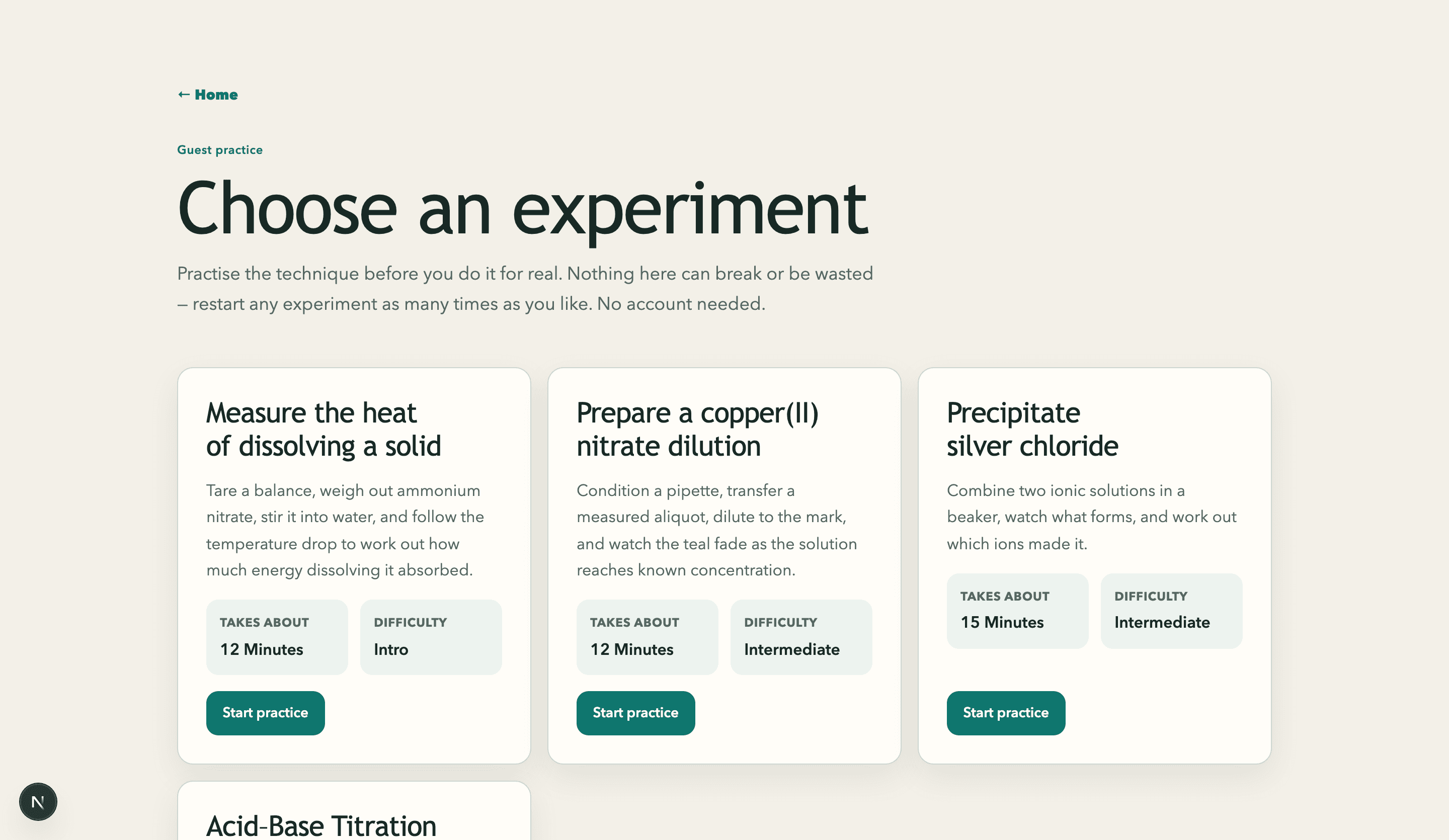 The Litmus experiment catalog, listing each practice lab with how long it takes and how difficult it is.